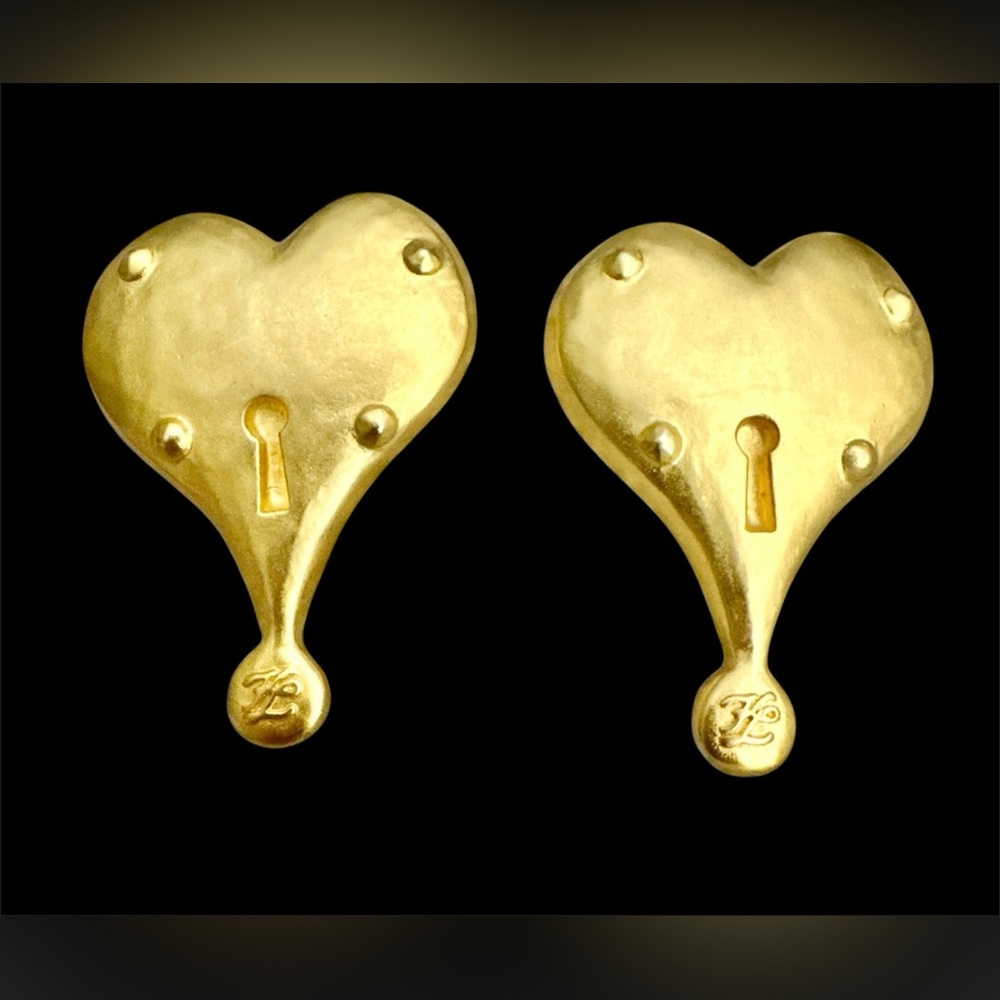 VINTAGE RARE KARL LAGERFELD GOLD PLATED HEART PADLOCK CLIP-ON EARRINGS